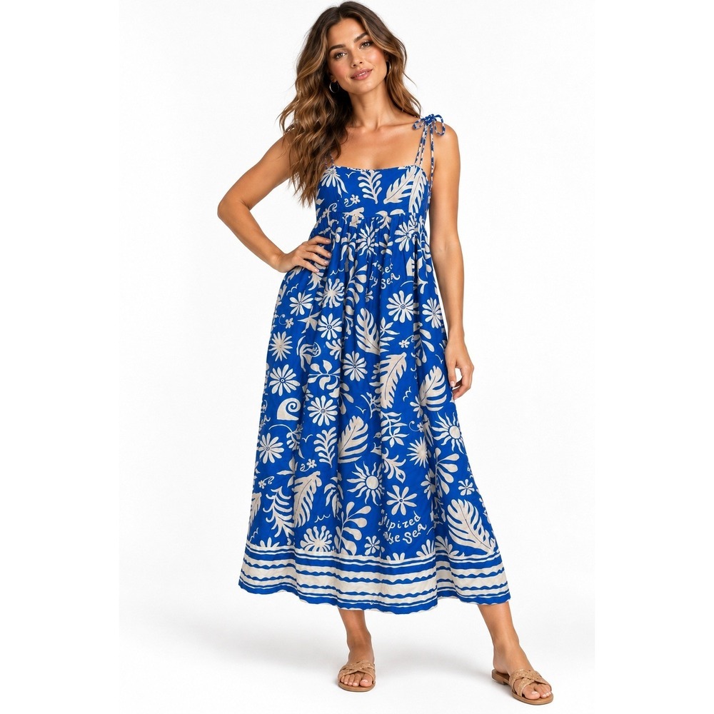 HM Blue White Botanical Sun Print Tie Strap Midi Dress Size M NEW